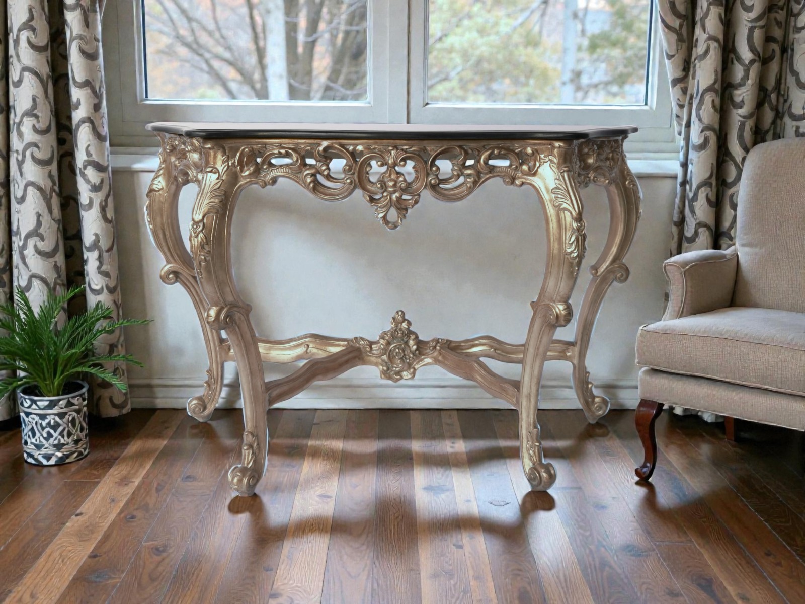FON-0453 Silver Console Table with Black Marble